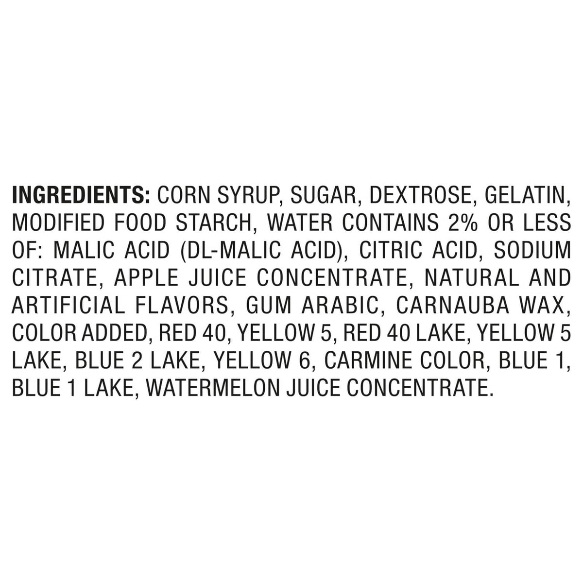 Ingredients list for gummy candy, including gelatin and fruit juice concentrates