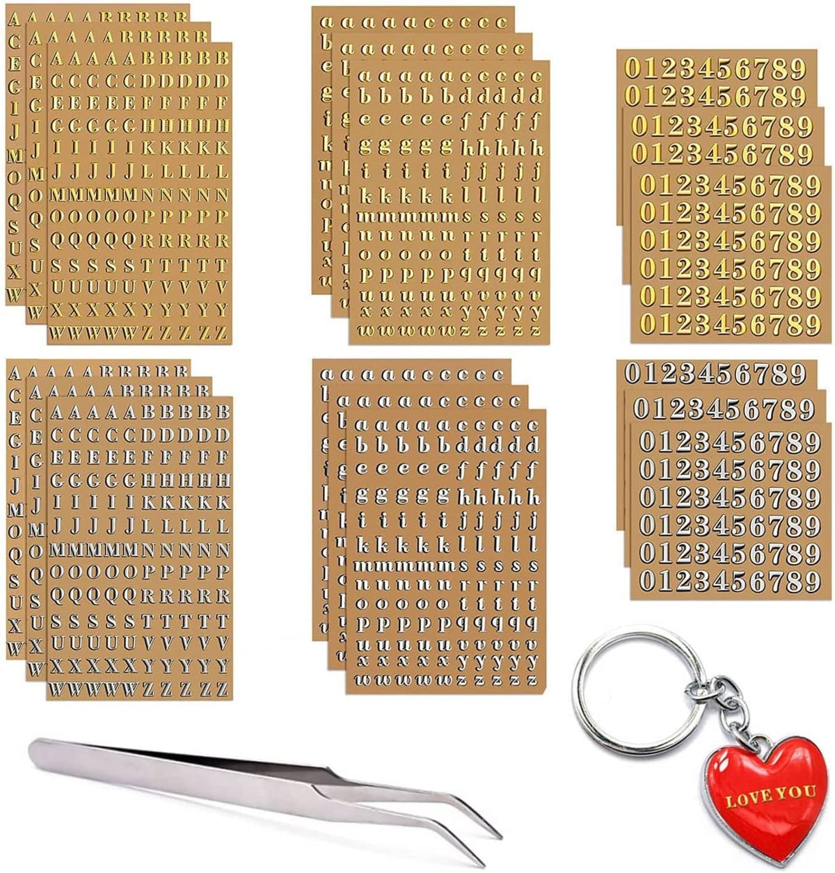 Gold and silver mini letter and number nail art sticker sheets, assorted characters