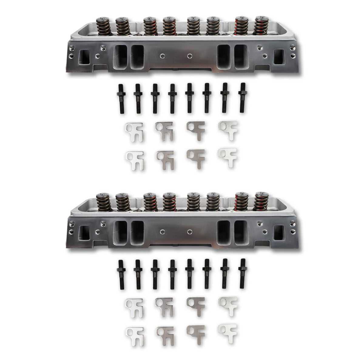 Aluminum cylinder head kit with valve springs, bolts, and rocker support brackets