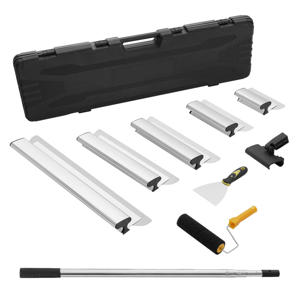 Drywall skimming blade kit with storage case, stainless blades, roller handle, and long pole