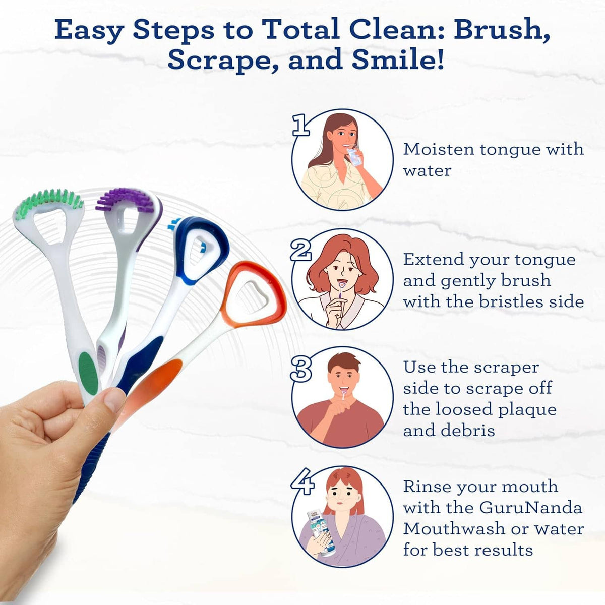 Dual action tongue scraper and soft brush set, with separate brush and scraper sides shown.