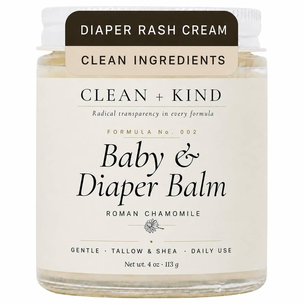 Clean + Kind Baby & Diaper Balm jar with label for diaper rash and daily use