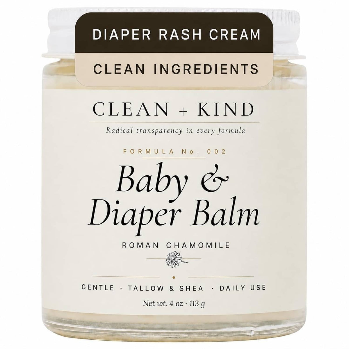 Clean + Kind Baby & Diaper Balm jar with label for diaper rash and daily use