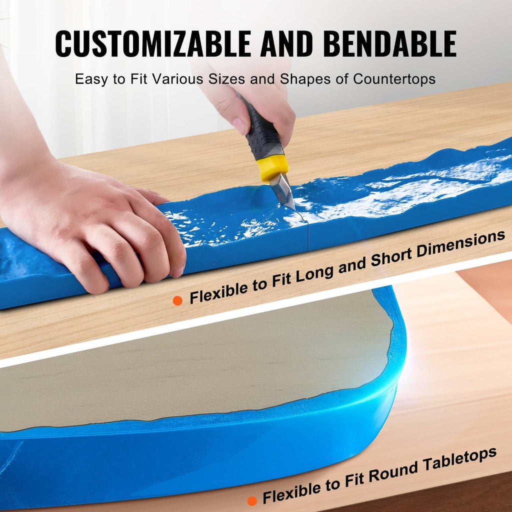 Blue polyurethane concrete stamp strip being applied to a countertop edge