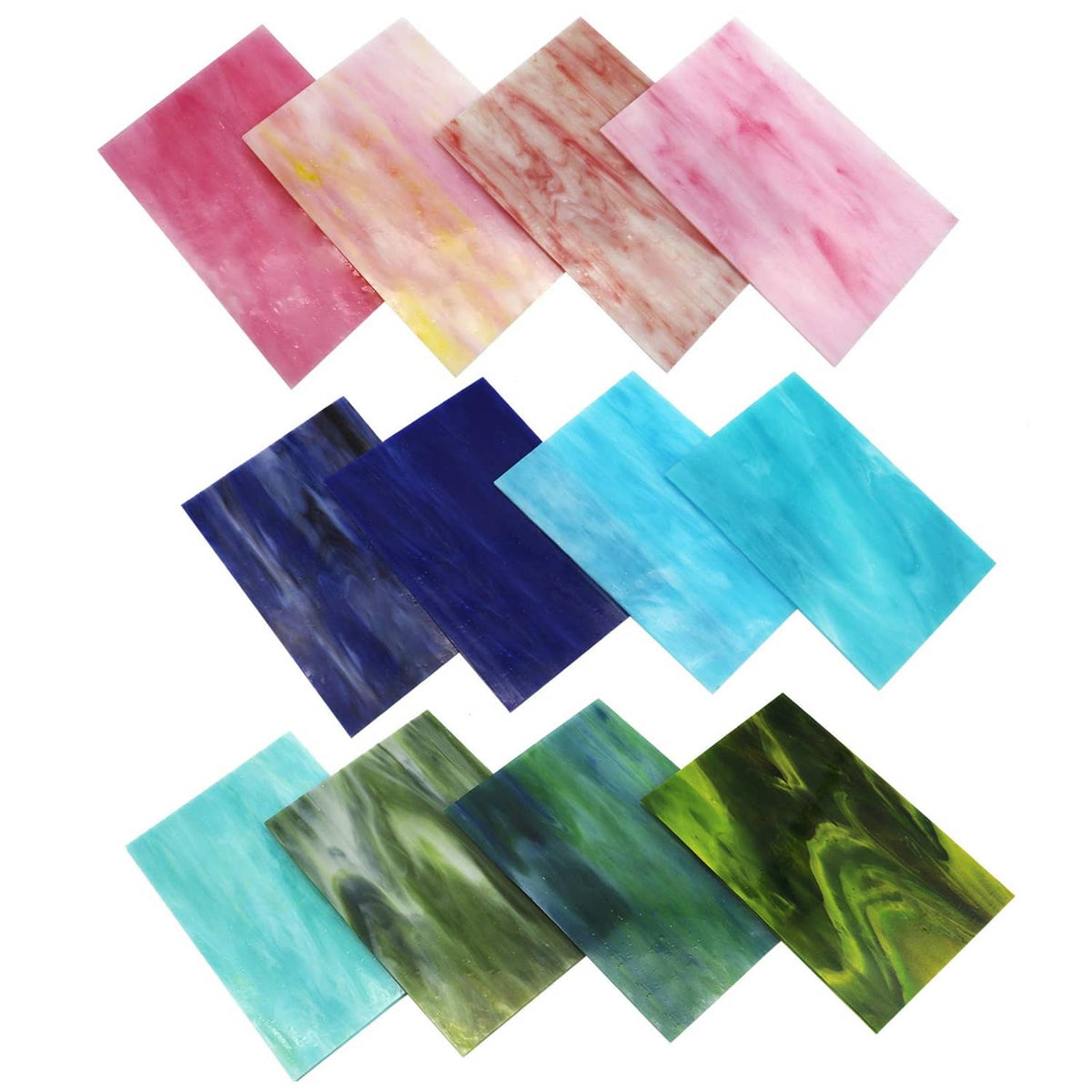 Stained glass mosaic sheets bundle, assorted pink, aqua, navy, and green rectangles