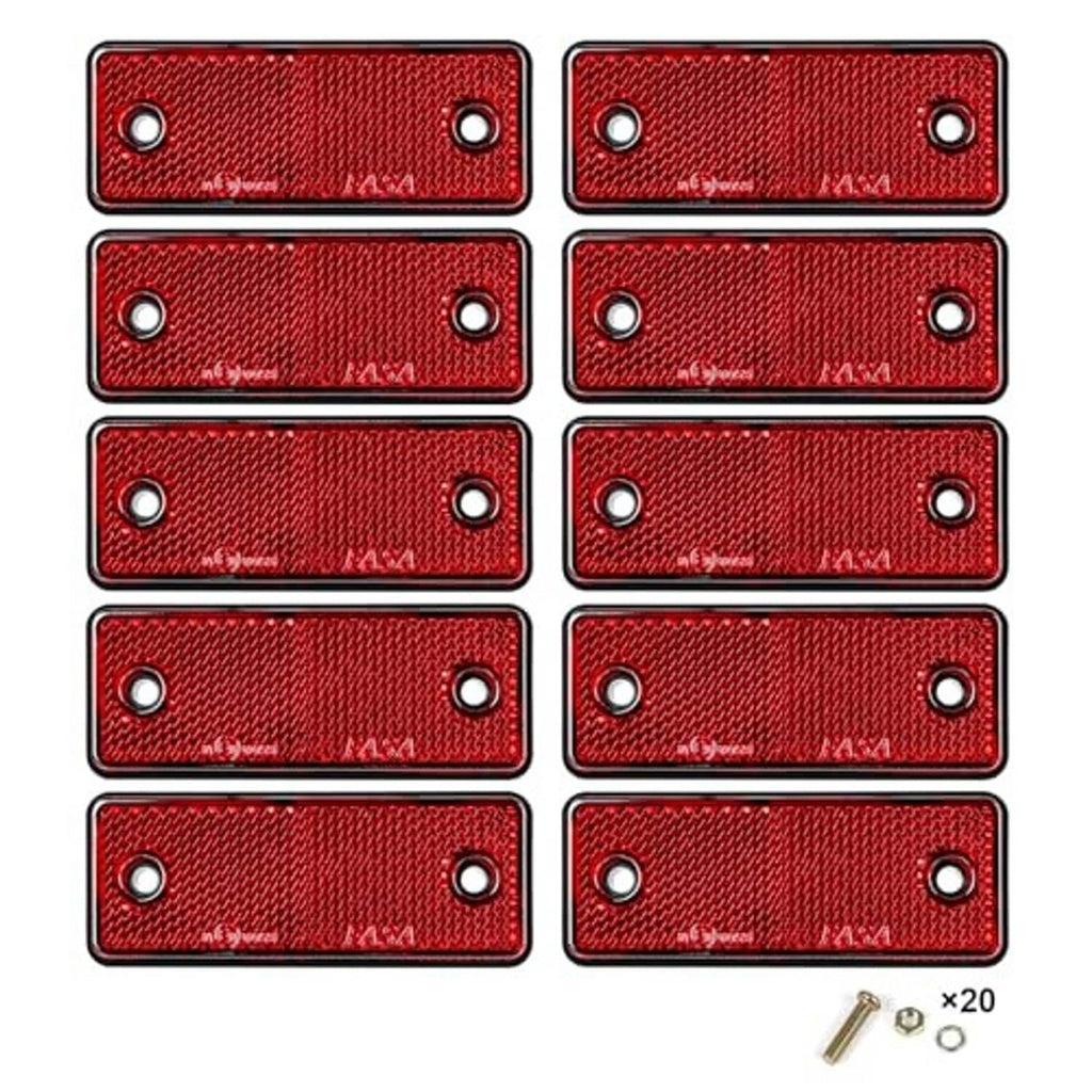 Set of 10 red rectangular screw-on reflectors with mounting screws shown.