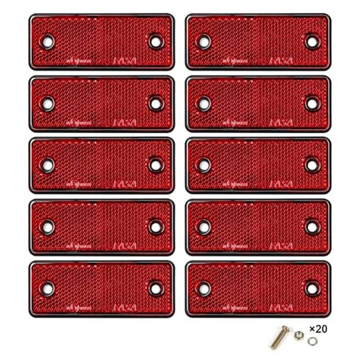 Set of 10 red rectangular screw-on reflectors with mounting screws shown.