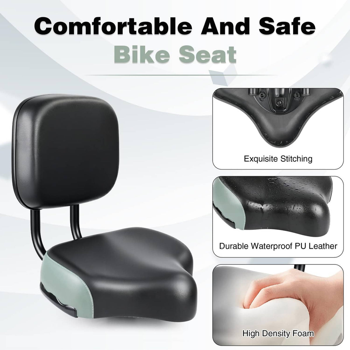Black cushioned bike saddle with tall backrest and contoured seat pad, side detail