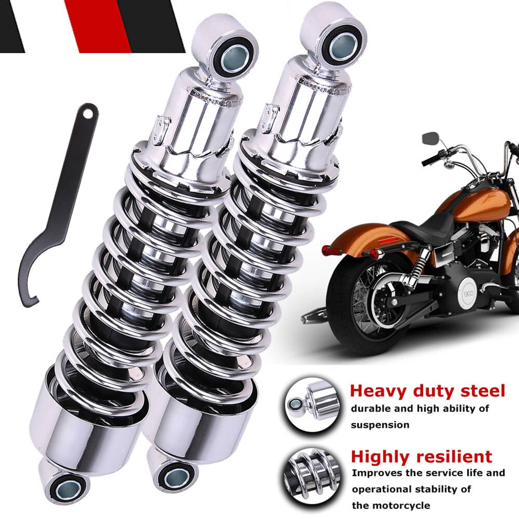 Two chrome coilover rear shocks with durable steel build and eyelet mounting points