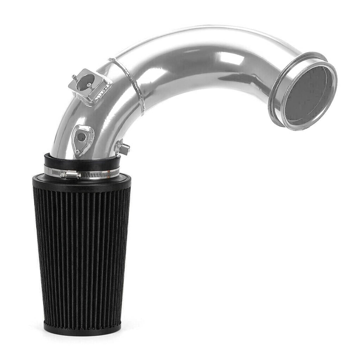Air intake assembly with black filter cartridge and polished curved piping