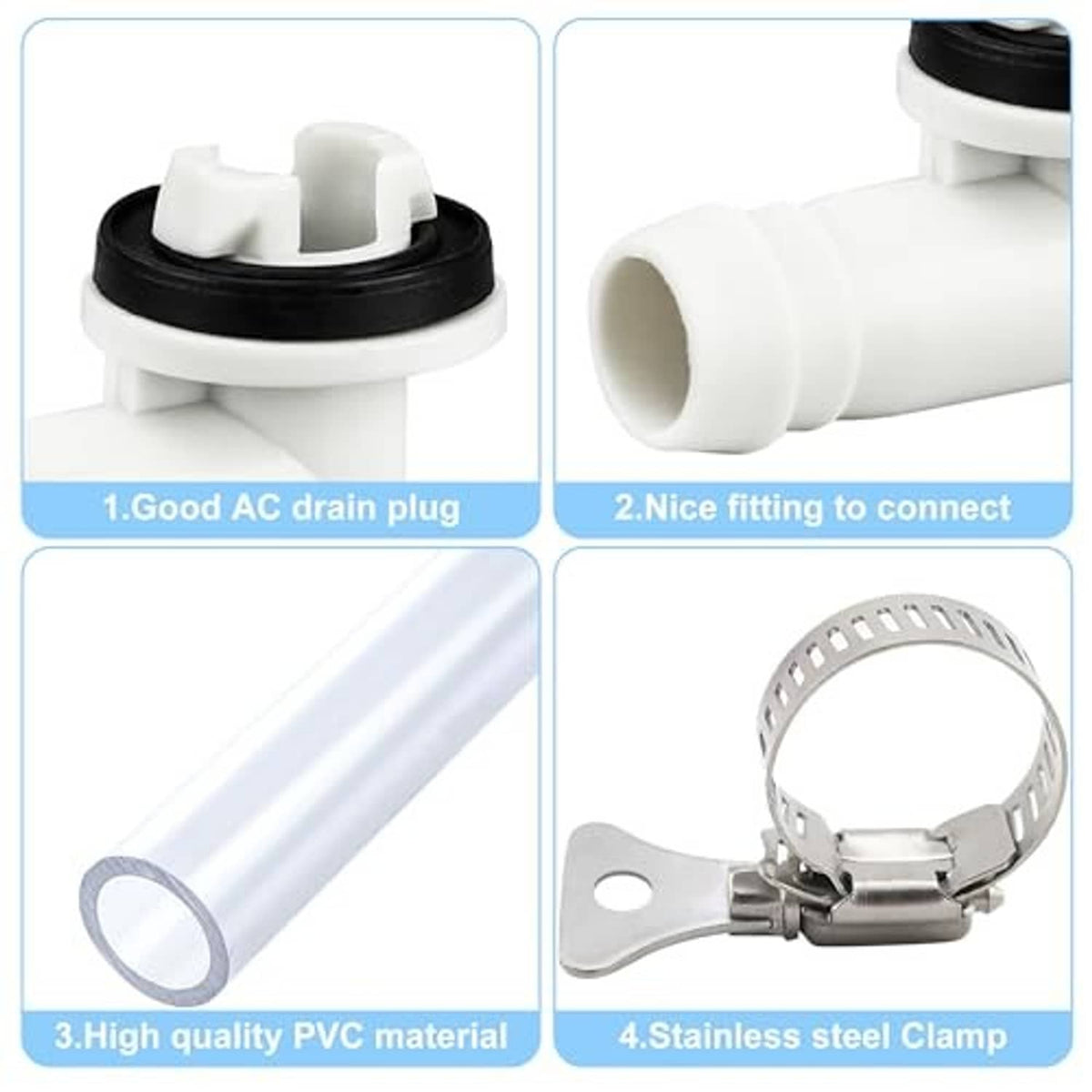 AC drain hose kit with white PVC elbow, black drain plug, and stainless steel clamp