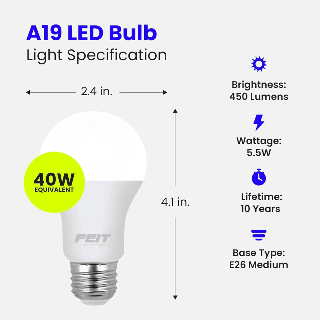 A19 LED light bulb specs card showing 450 lumens and E26 medium base.