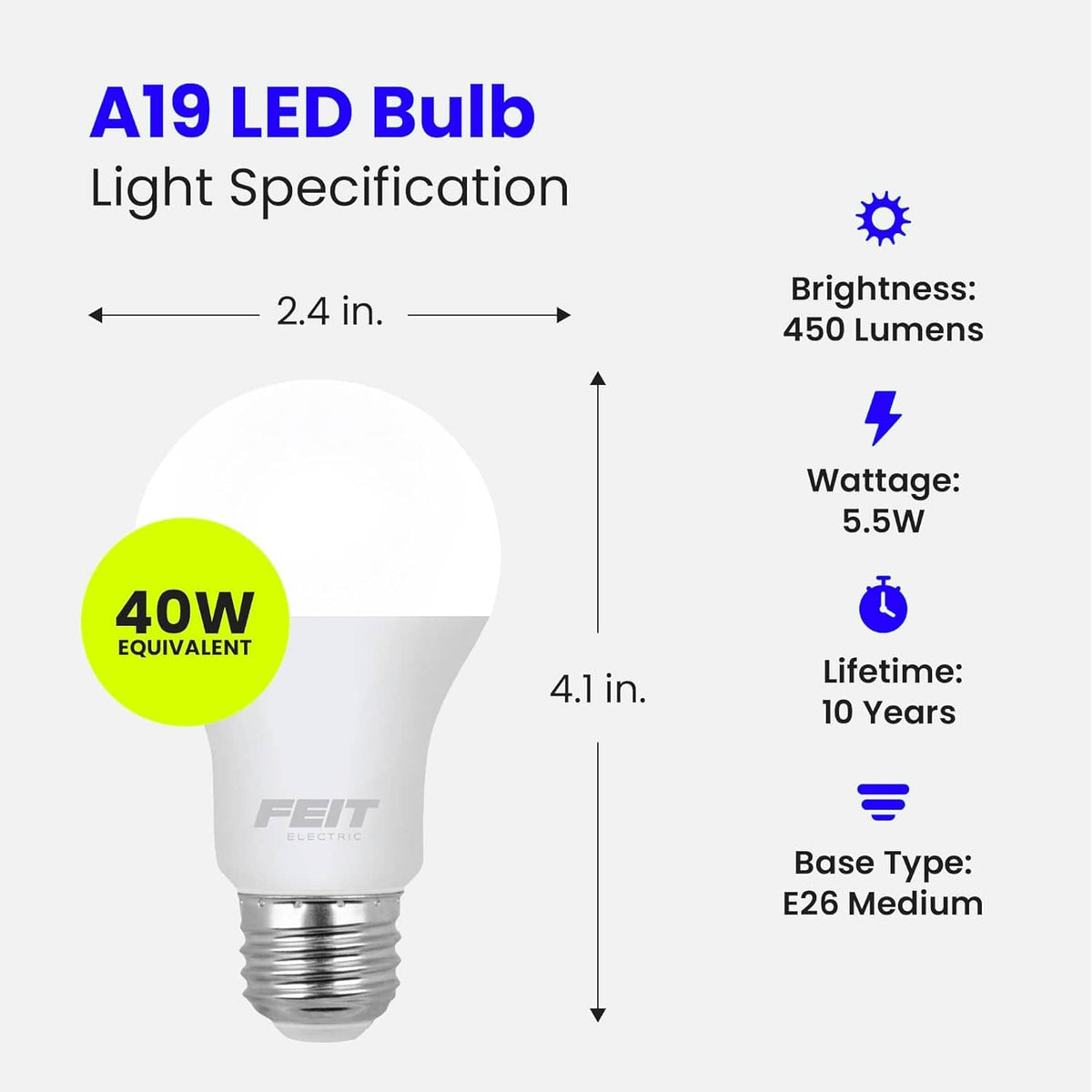 A19 LED light bulb specs card showing 450 lumens and E26 medium base.