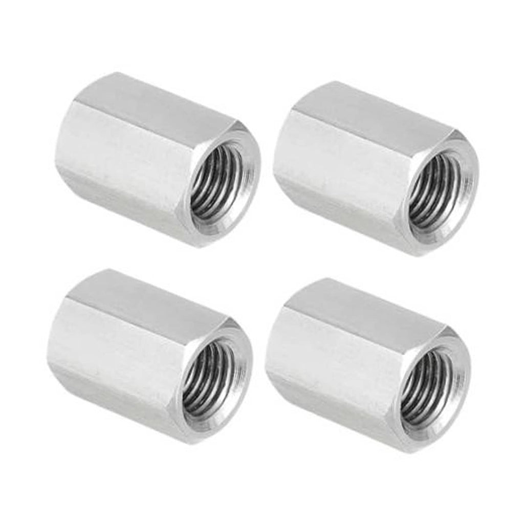 Set of 4 stainless steel hex coupling nuts with internal threads, silver finish