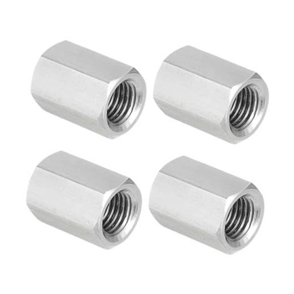 Set of 4 stainless steel hex coupling nuts with internal threads, silver finish