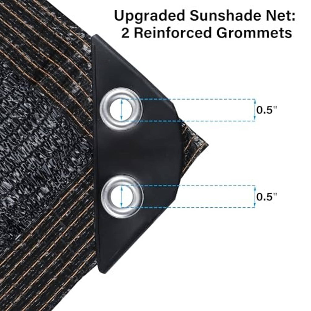 Black mesh tarp corner with reinforced metal grommets and stitched border