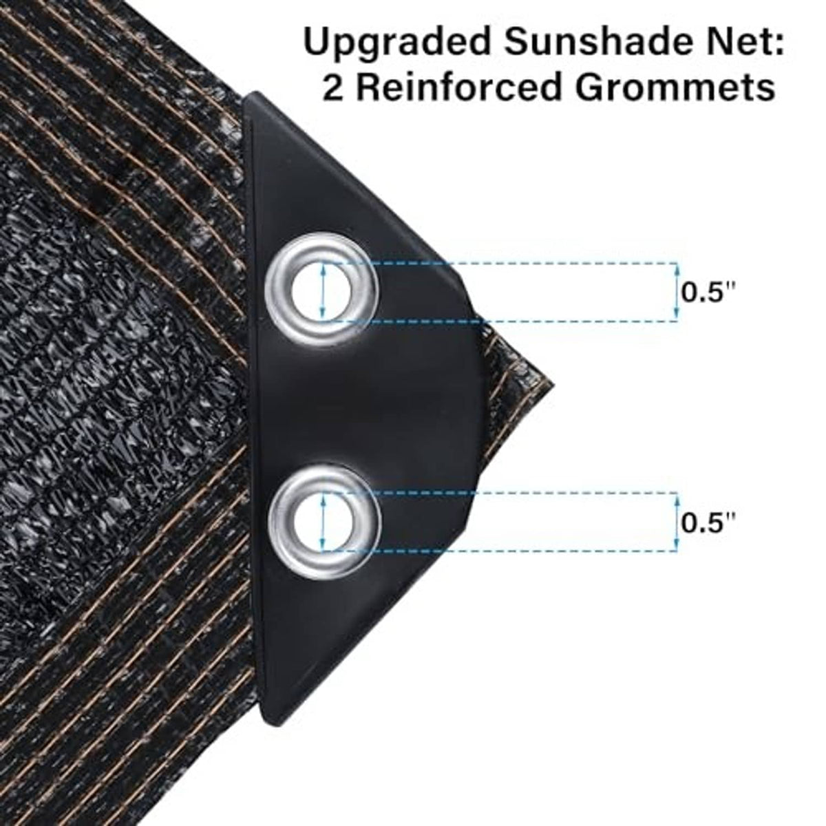 Black mesh tarp corner with reinforced metal grommets and stitched border