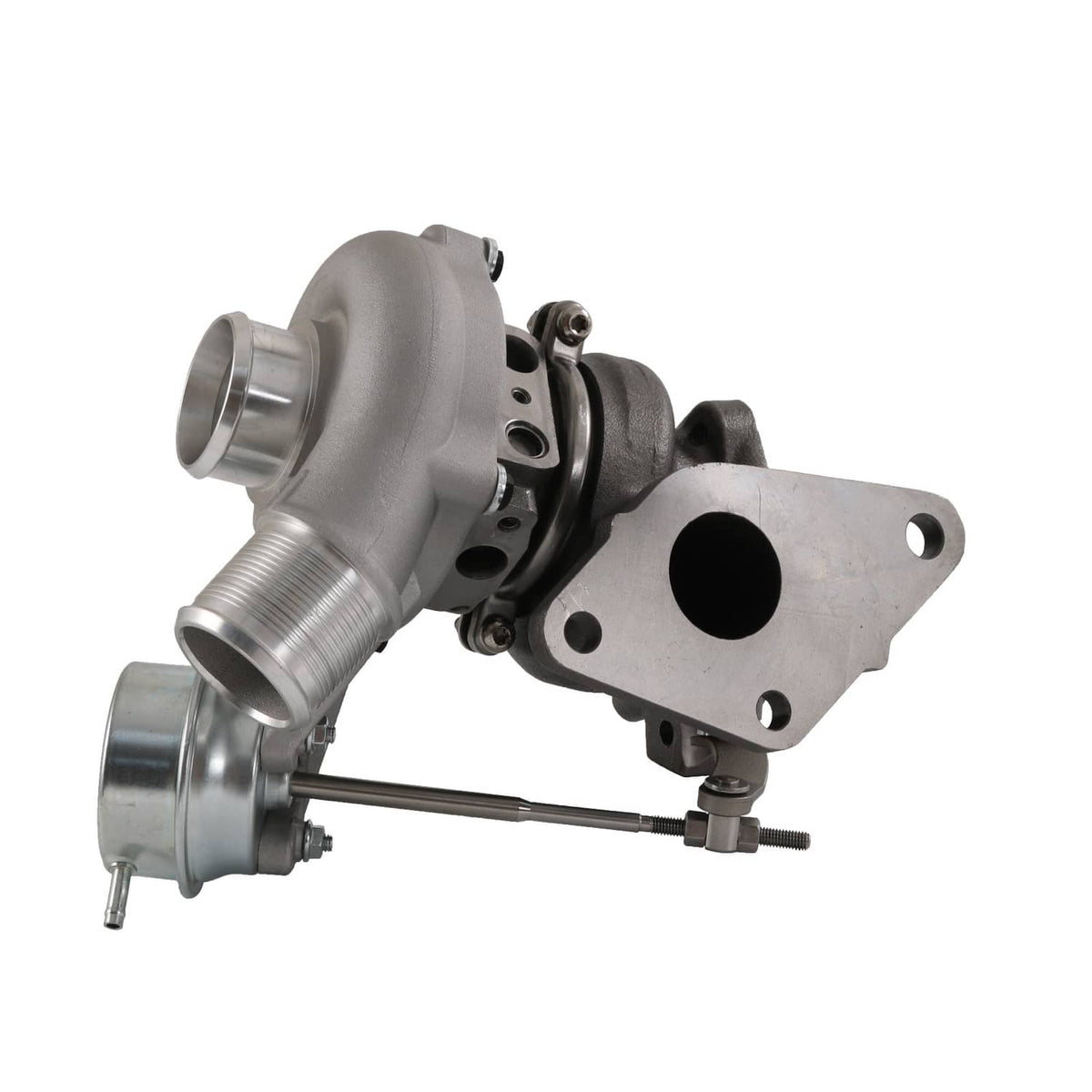 Left turbocharger with silver compressor housing and mounting flange
