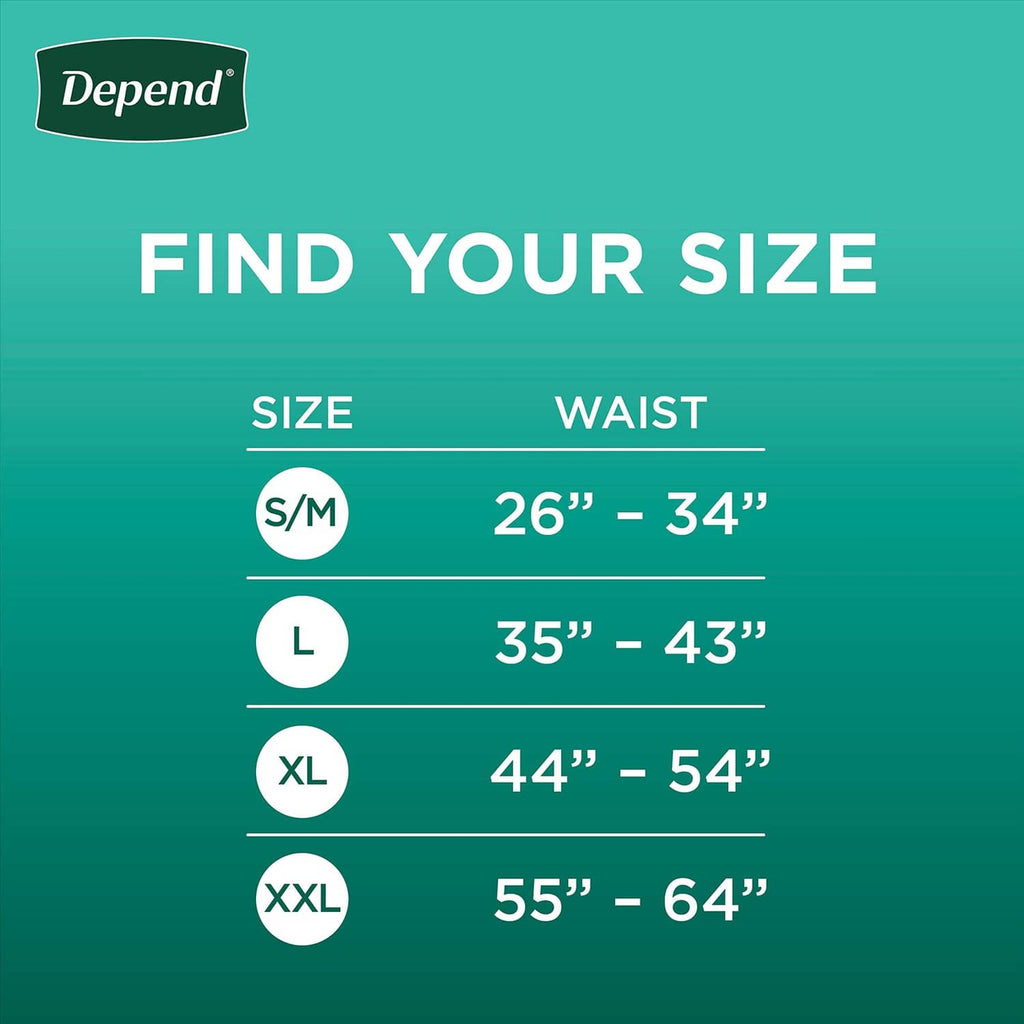 Depend adult incontinence underwear size chart, waist ranges for S/M through XXL