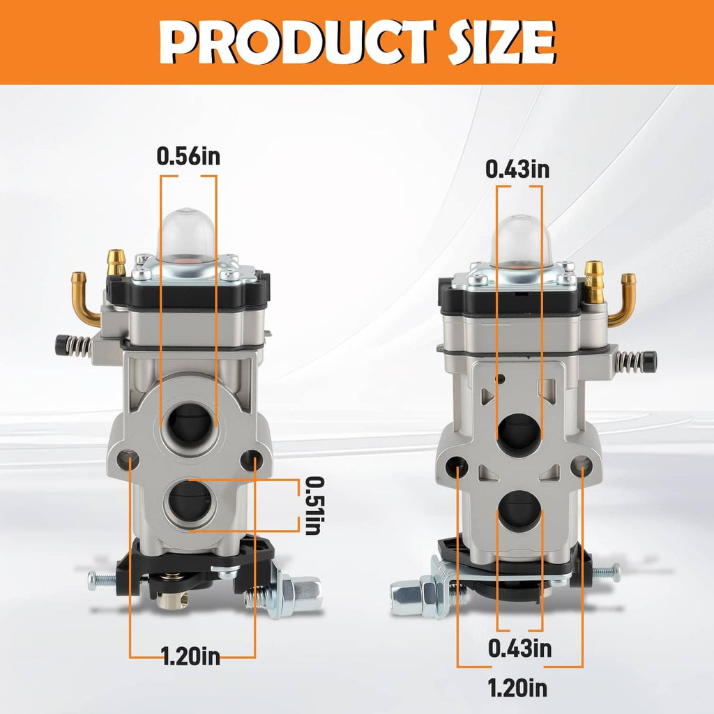 Carburetor size reference showing body with two ports and mounting points