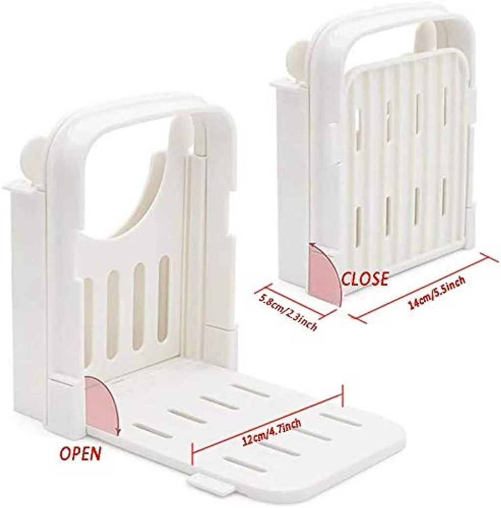 White bread slicer shown open and closed with size and measurement labels
