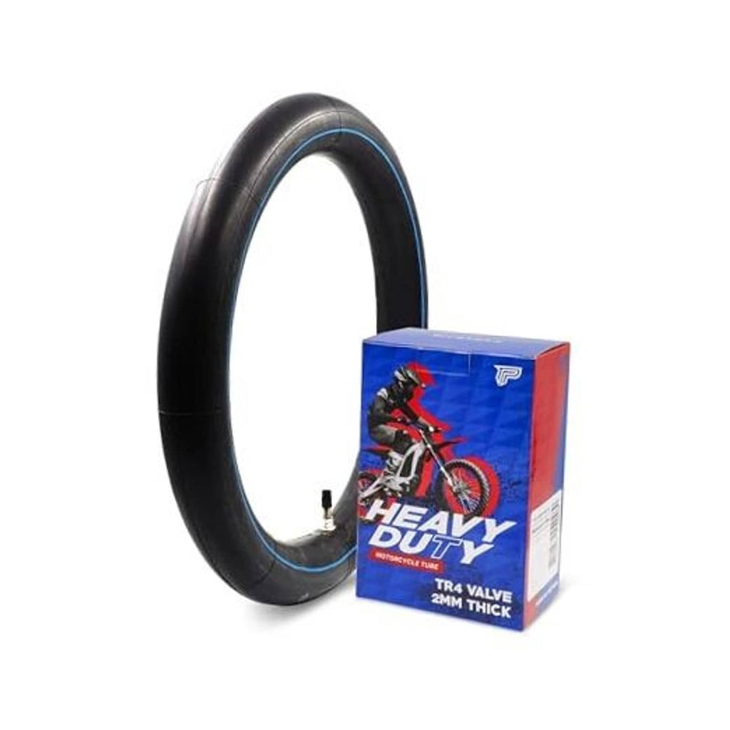 Heavy-duty motorcycle inner tube with TR4 straight valve; shown with box packaging.
