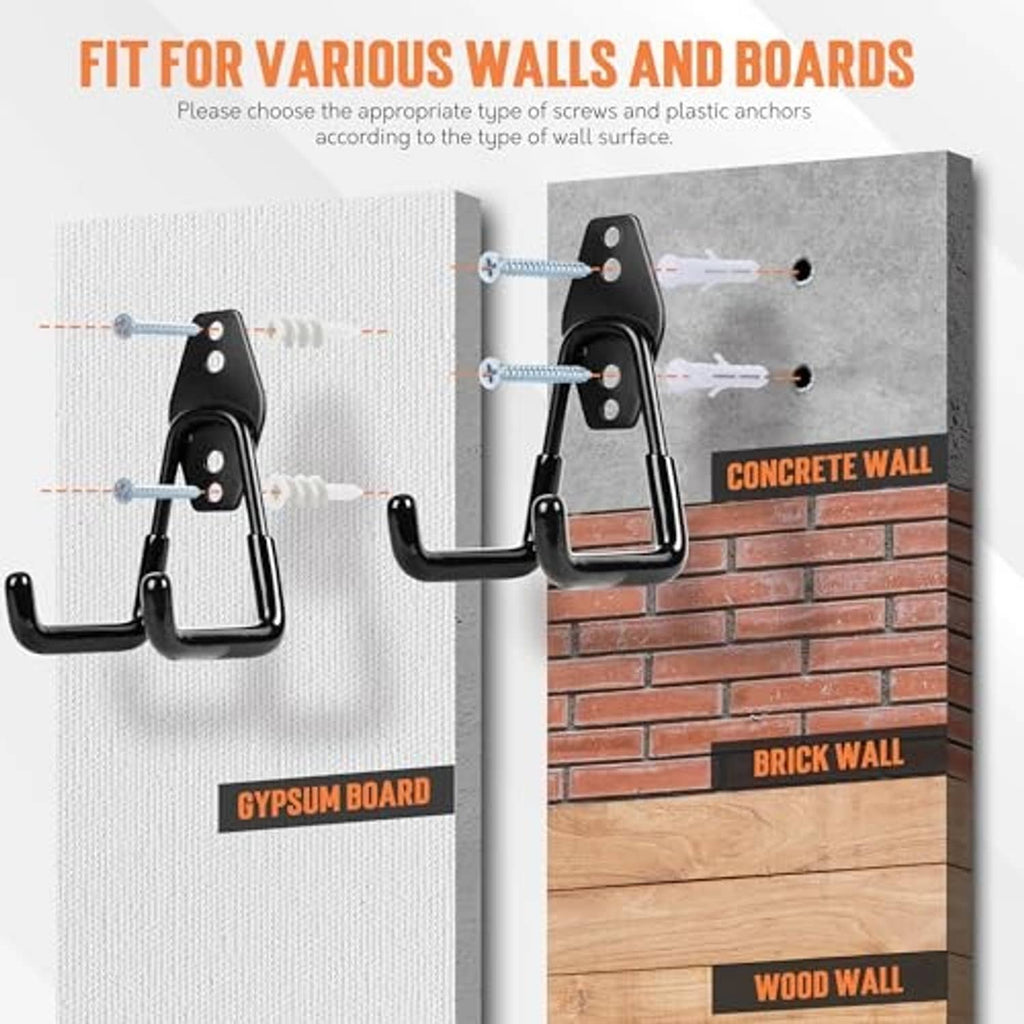 Black garage hooks mounted on different walls, showing U hooks with plate brackets