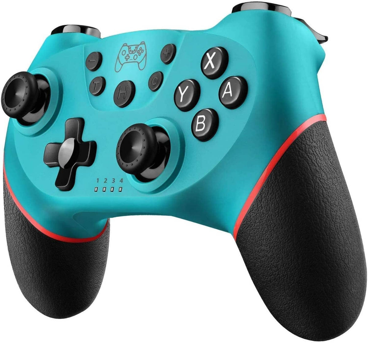 Teal wireless game controller with black grips and ABXY button layout