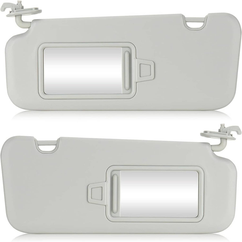 Gray driver and passenger sun visors with rectangular mirror windows