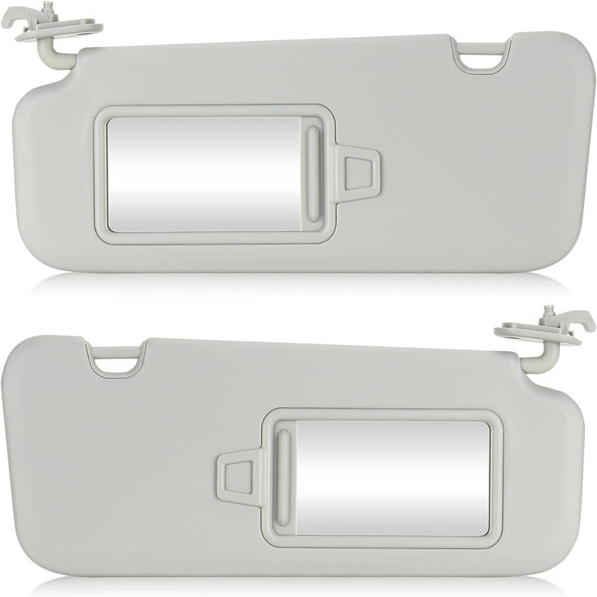 Gray driver and passenger sun visors with rectangular mirror windows