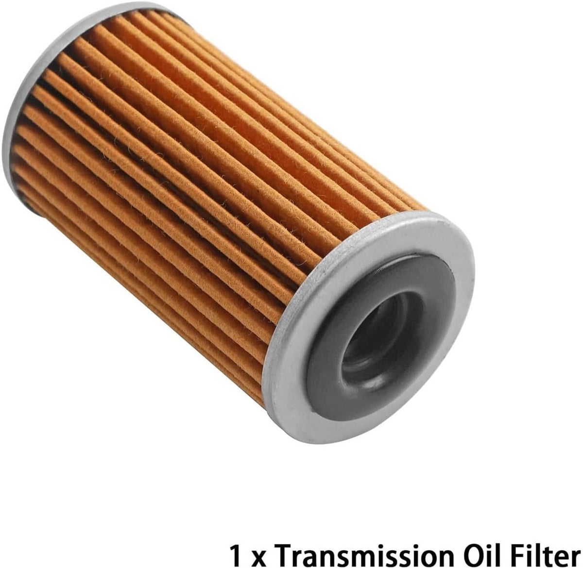 Transmission oil filter cartridge with orange pleated media and gray end cap