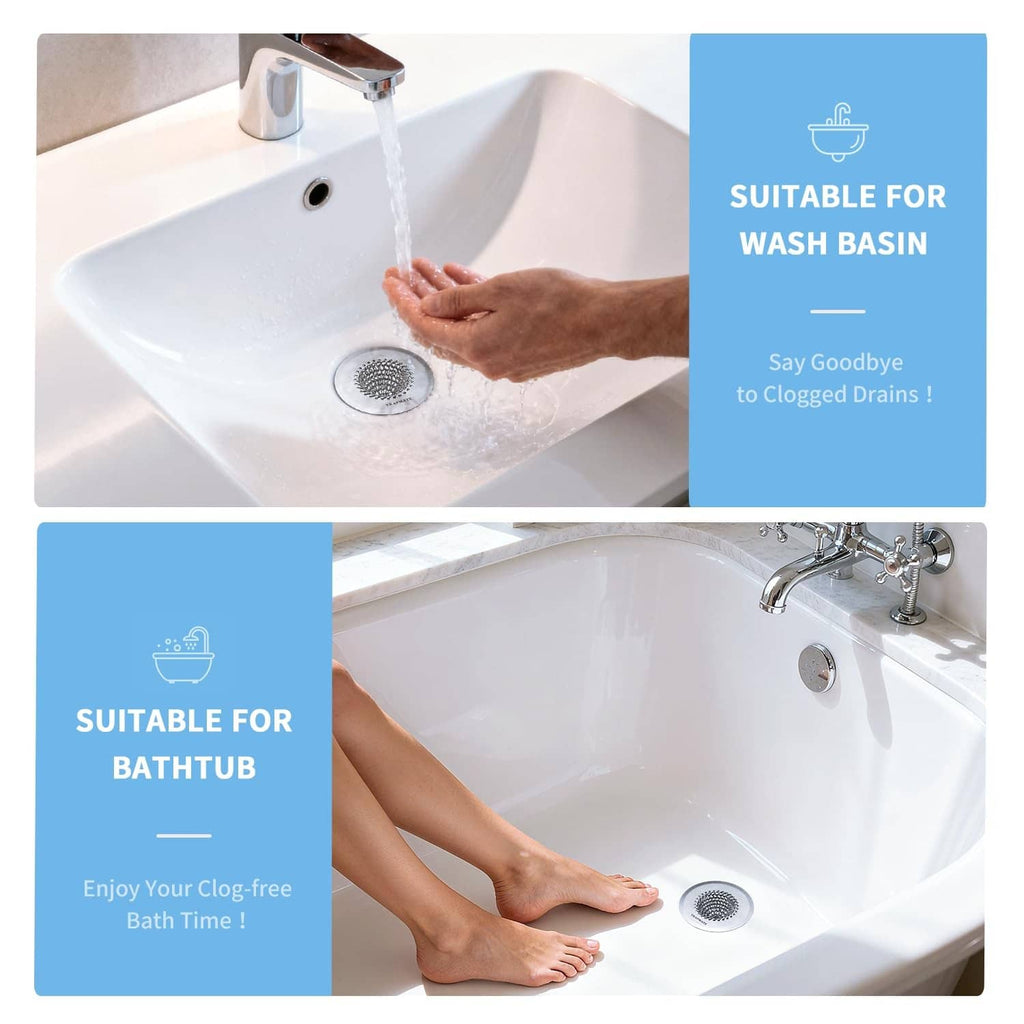Silver reversible bathtub and wash basin drain strainer with chainmail hair catcher
