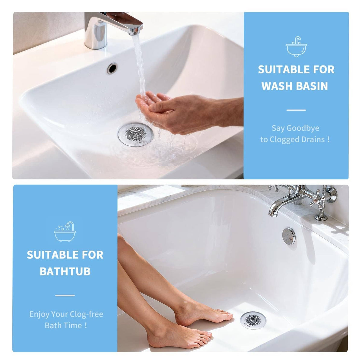 Silver reversible bathtub and wash basin drain strainer with chainmail hair catcher