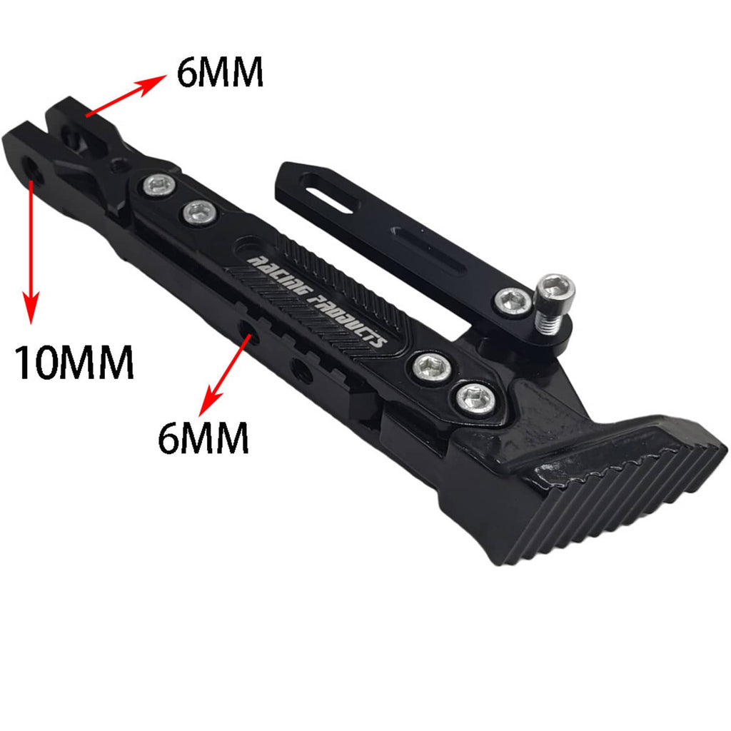 Black CNC kickstand holder bracket with slotted adjustment holes and bolts