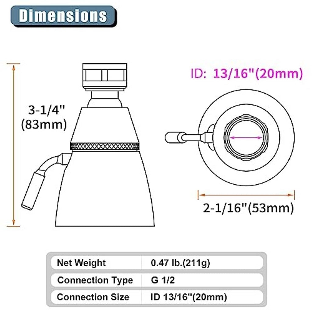 Shower head dimensions diagram showing connection size and inner ID measurements