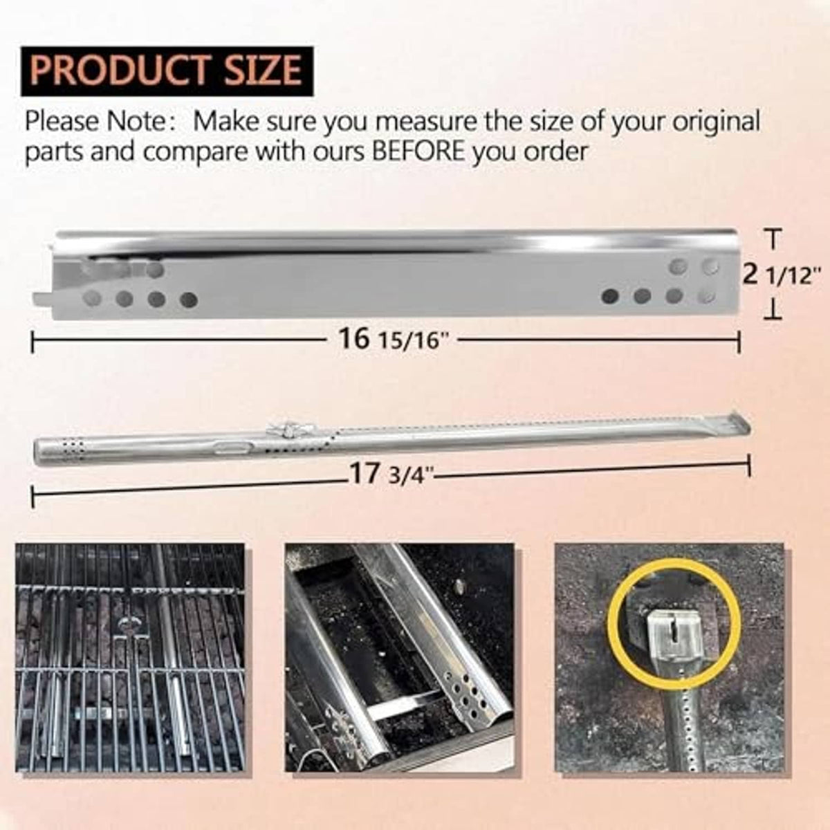 Perforated heat shield and burner tube with length diagram, stainless replacement parts