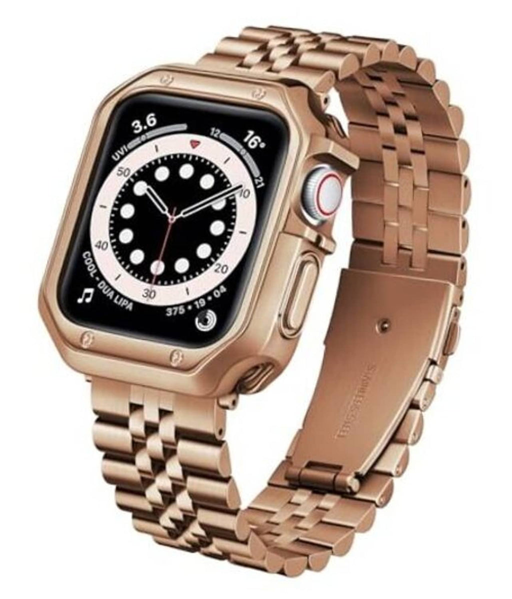 Rose gold metal link Apple Watch band with clasp and watch case