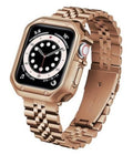Rose gold metal link Apple Watch band with clasp and watch case