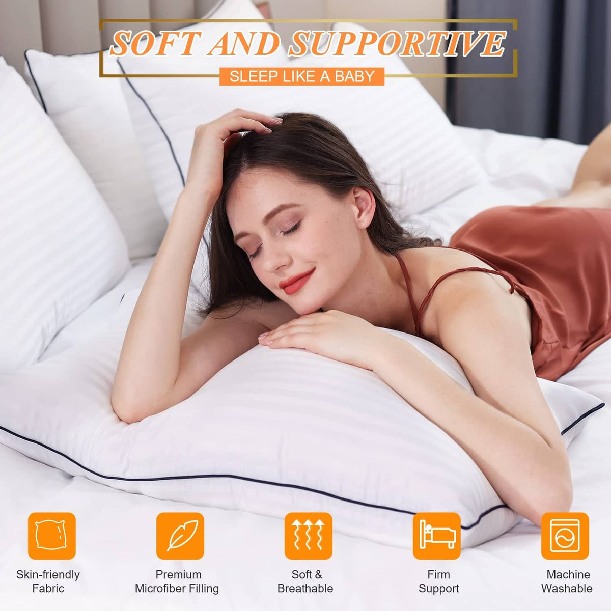 White sleeping pillows with blue piping, used while lying in bed