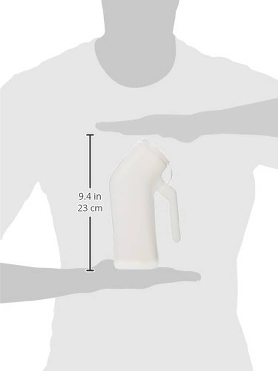 Male urinal bottle with lid, white plastic; height shown as 9.4 in