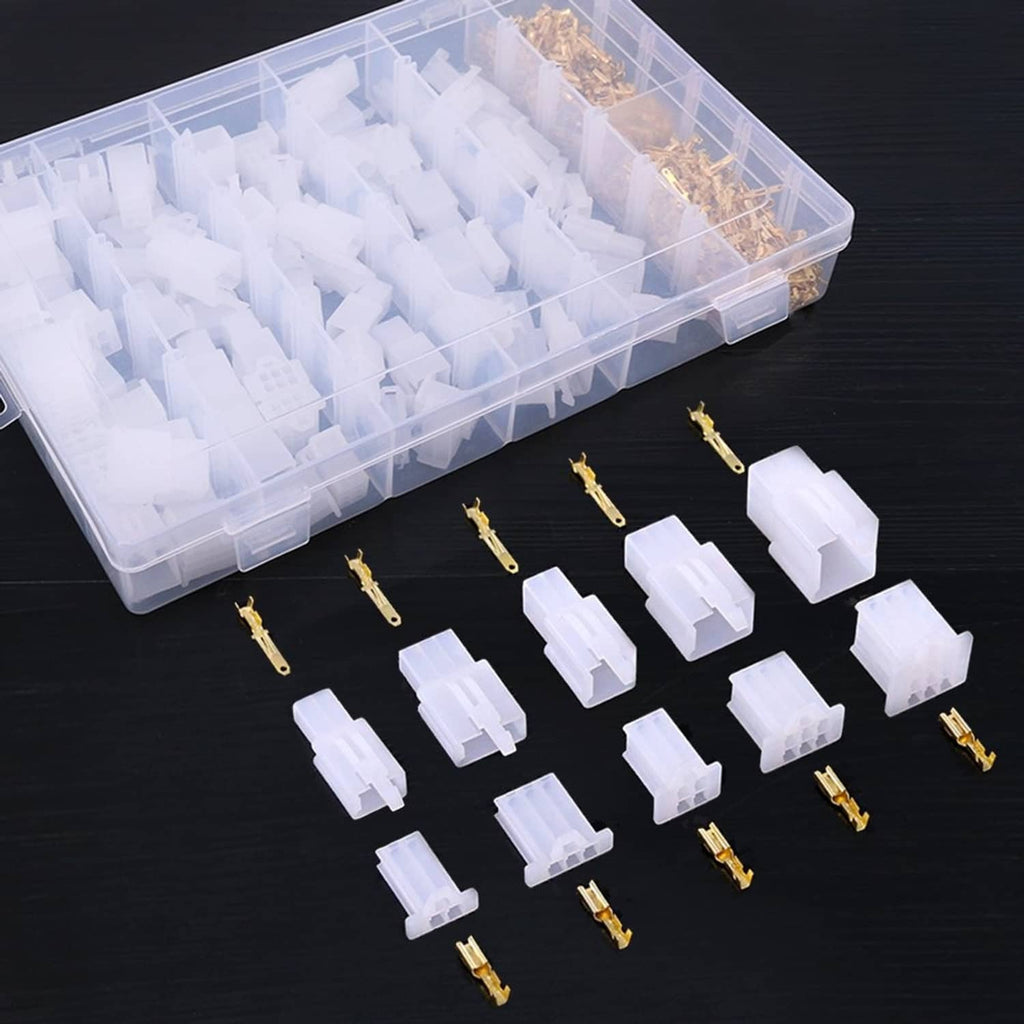 Clear plastic parts box with white connector housings and gold crimp terminals