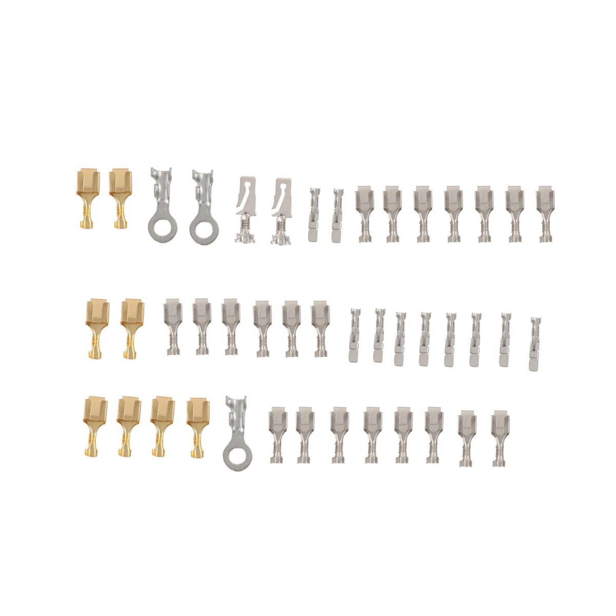 Assorted fuse holders and spade terminals in gold, clear, and silver colors