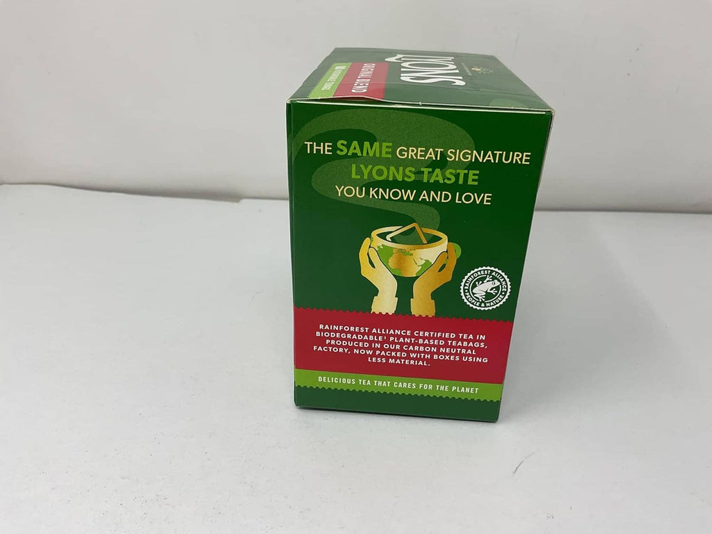 Lyons Original Blend tea bag box side with cup graphic and signature text