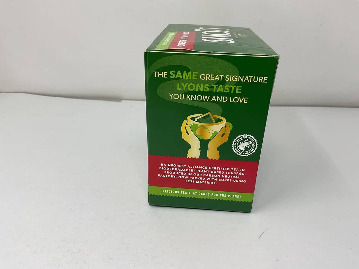 Lyons Original Blend tea bag box side with cup graphic and signature text