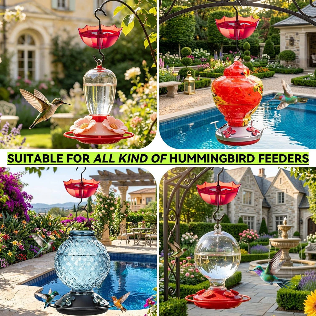 Red ant moat tray attached to a hummingbird feeder with clear water container