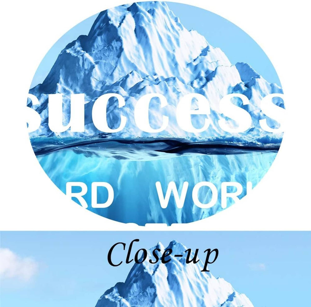 Close-up of stretched canvas art with 'success' headline over an iceberg scene