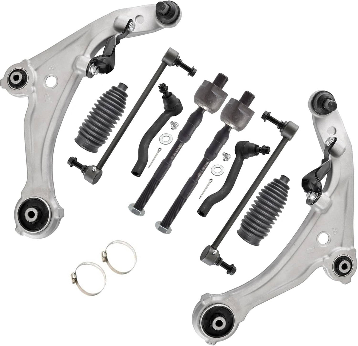 Front suspension control arm set with multiple arms and tie rod components