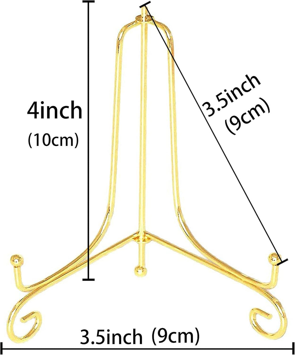 Gold 4-inch plate stand with arched frame and 3.5-inch wide curled base.