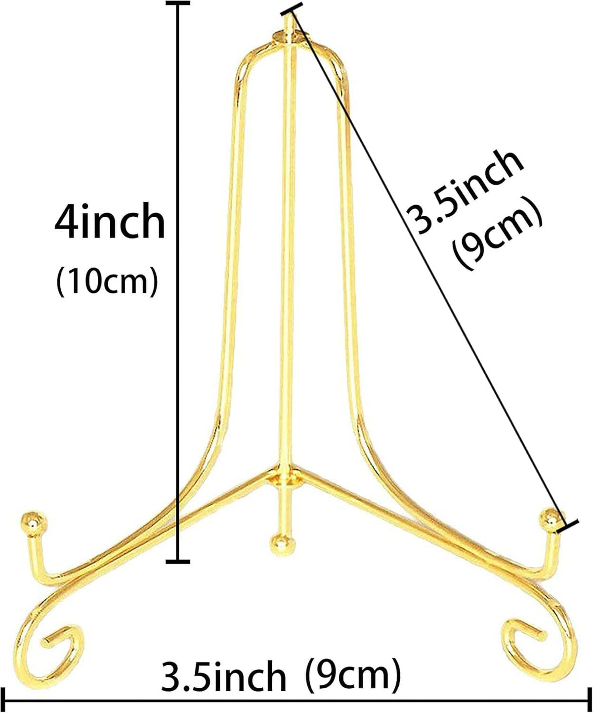 Gold 4-inch plate stand with arched frame and 3.5-inch wide curled base.