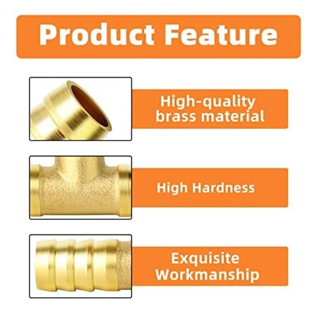 Brass hose barb fitting close-up callouts showing textured metal and barb ridges